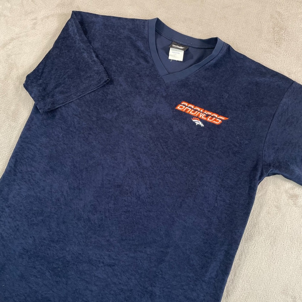 Vintage Denver Broncos V Neck T Shirt Men Large Blue Velvet Soft Made in USA NFL